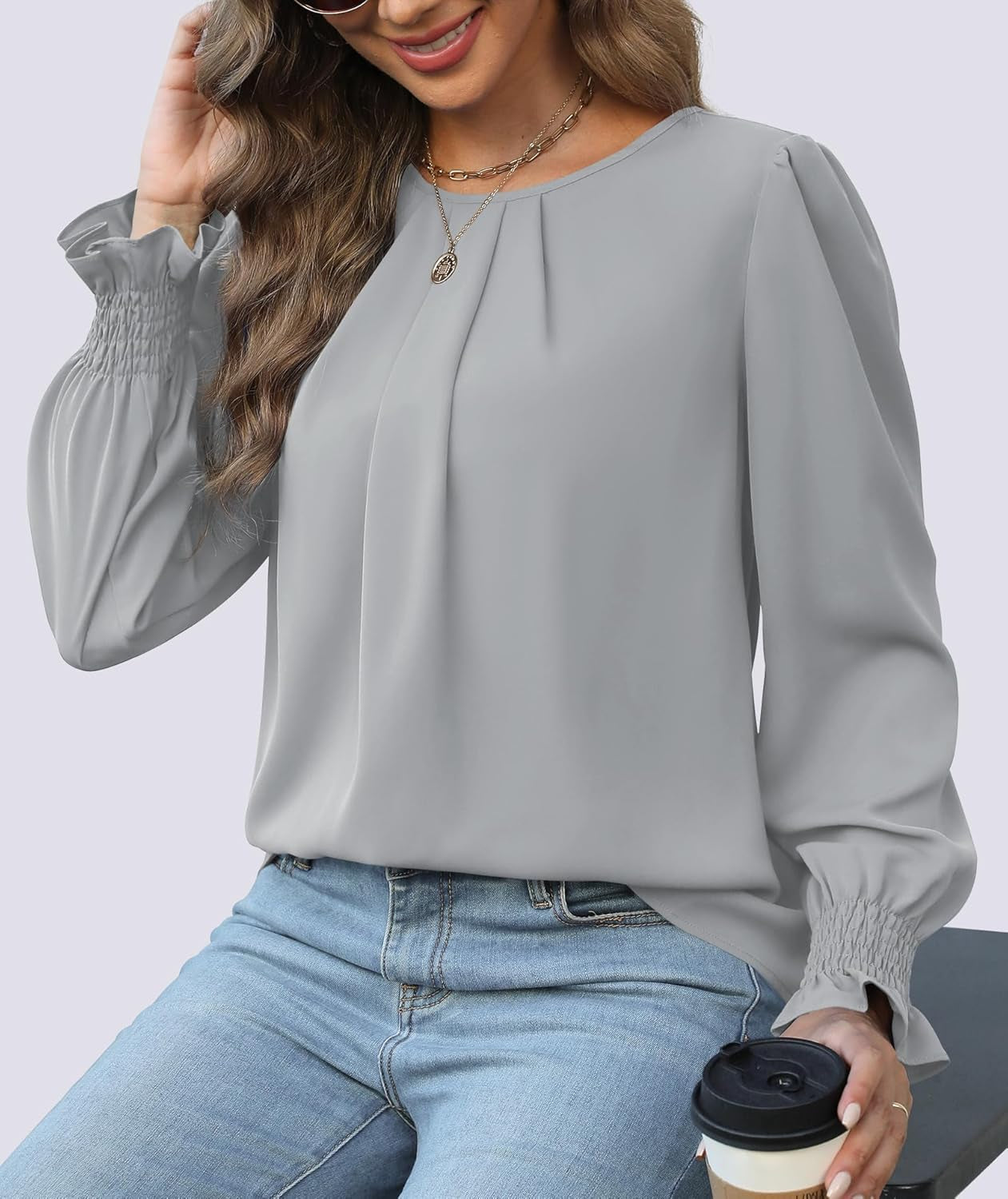 Womens Tops Dressy Casual Smocked Long Sleeve Shirts Pleated Crew Neck Loose Chiffon Blouses Fall 2025