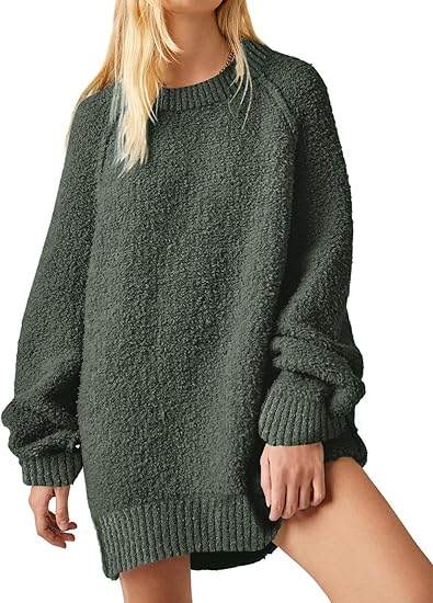 Womens Oversized Sweater 2025 Fall Trendy Fuzzy Crew Neck Long Sleeve Casual Tunic Sweaters