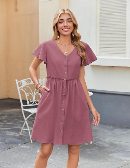 Summer Dress with Flutter Sleeves - Cotton Linen Beach a Line Casual Dress