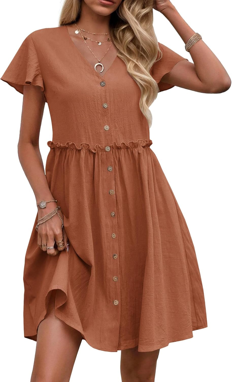 Summer Dress with Flutter Sleeves - Cotton Linen Beach a Line Casual Dress