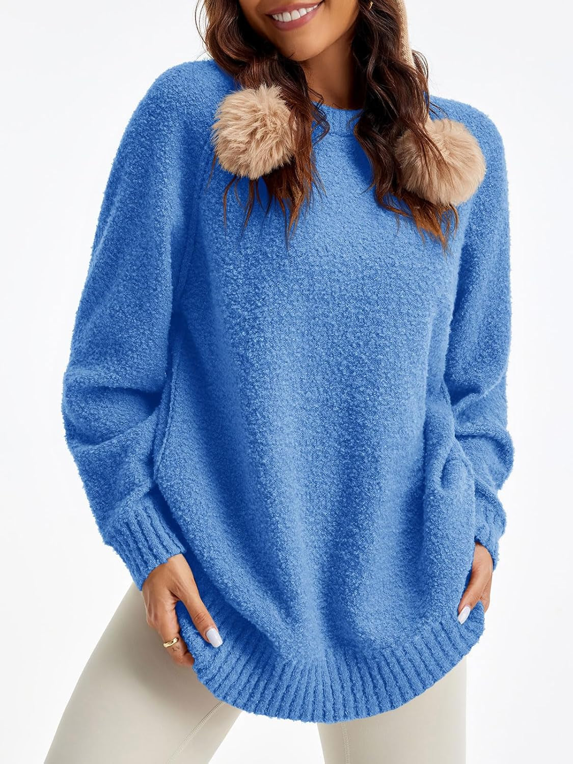 Womens Oversized Sweater 2025 Fall Trendy Fuzzy Crew Neck Long Sleeve Casual Tunic Sweaters