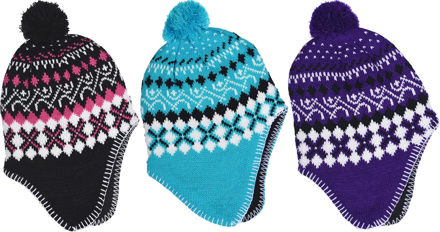 Girl'S Micro-Fleece Lined Knit Hat with Ear Flaps and Pom Top in 3 Colors