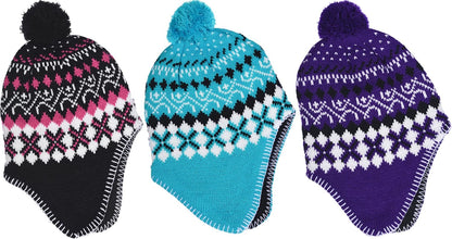 Girl'S Micro-Fleece Lined Knit Hat with Ear Flaps and Pom Top in 3 Colors