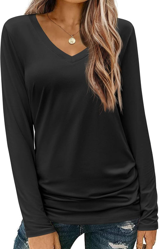 Womens T Shirts Long Sleeve V Neck Basic Tee Casual Loose Fit Soft Fall Tops Outfits 2025 S-XXL