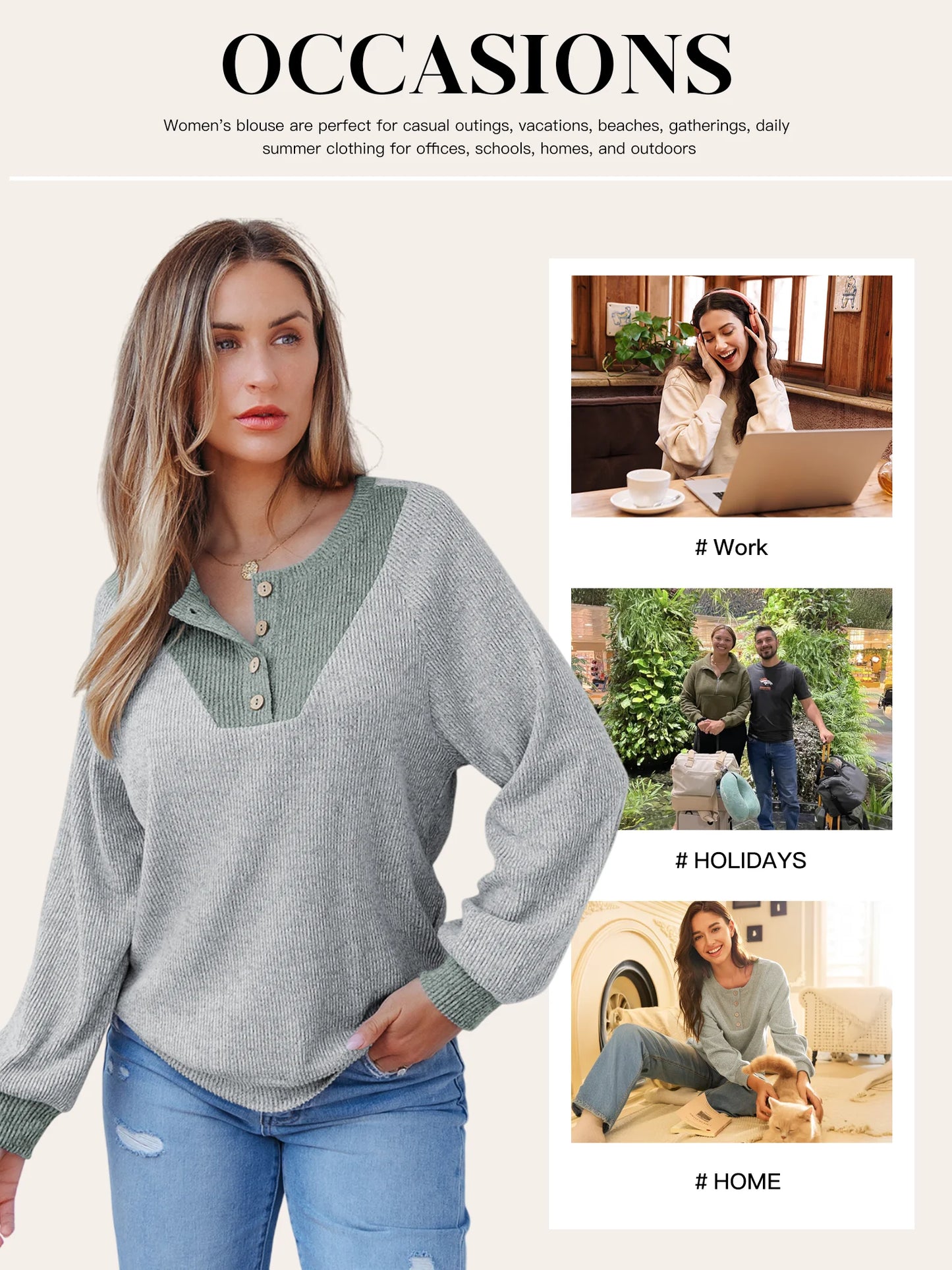 Womens Sweatshirt Ribbed Texture Button up V Neck Sweatshirts Long Sleeve Patchwork Shirts Casual Fall Pullover Tops