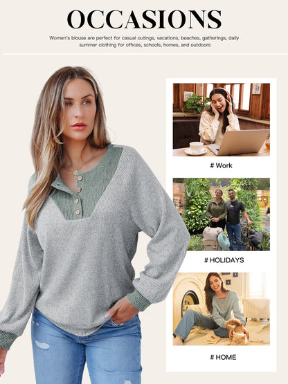 Womens Sweatshirt Ribbed Texture Button up V Neck Sweatshirts Long Sleeve Patchwork Shirts Casual Fall Pullover Tops