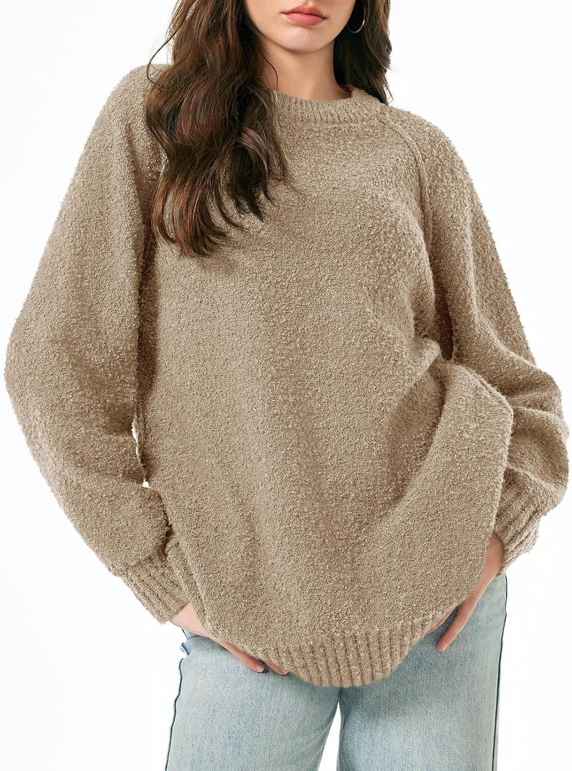 Womens Oversized Sweater 2025 Fall Trendy Fuzzy Crew Neck Long Sleeve Casual Tunic Sweaters