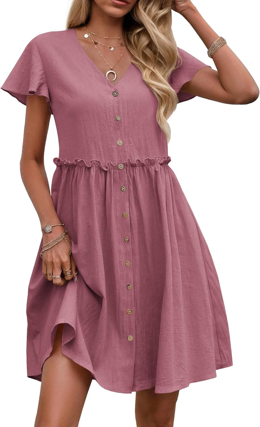 Summer Dress with Flutter Sleeves - Cotton Linen Beach a Line Casual Dress