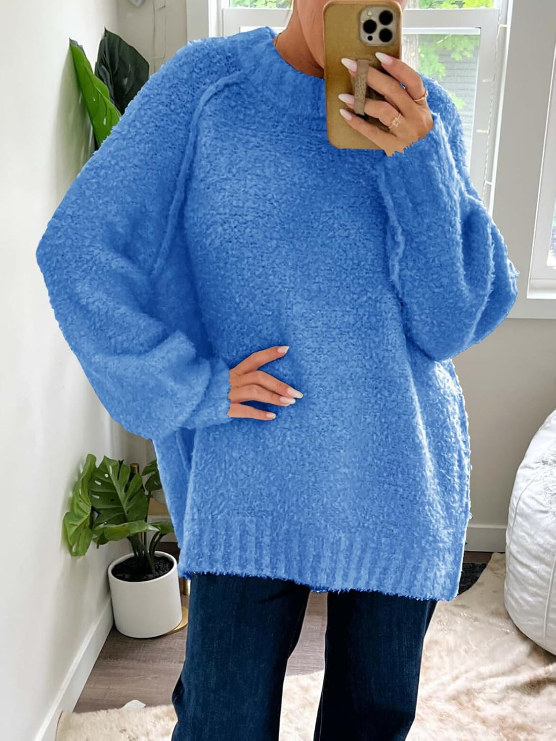 Womens Oversized Sweater 2025 Fall Trendy Fuzzy Crew Neck Long Sleeve Casual Tunic Sweaters