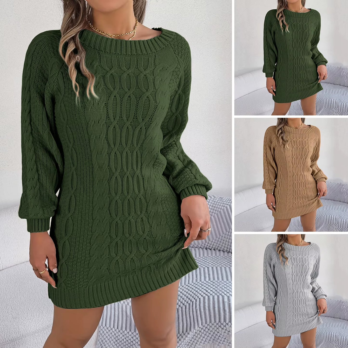 Women'S Long Sleeve Knitted Dresses Women Winter Autumn 2024 O-Neck A-Line Mini Dress Sexy Thicken Short Sweater Dress Black
