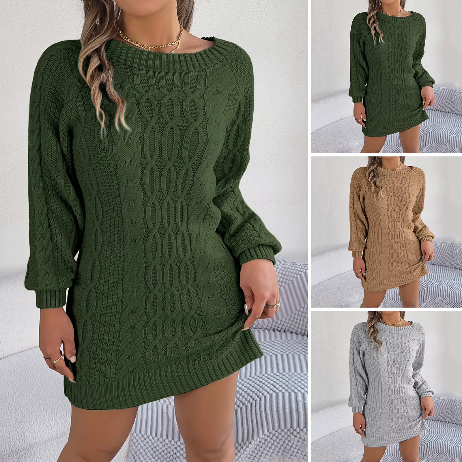 Women'S Long Sleeve Knitted Dresses Women Winter Autumn 2024 O-Neck A-Line Mini Dress Sexy Thicken Short Sweater Dress Black