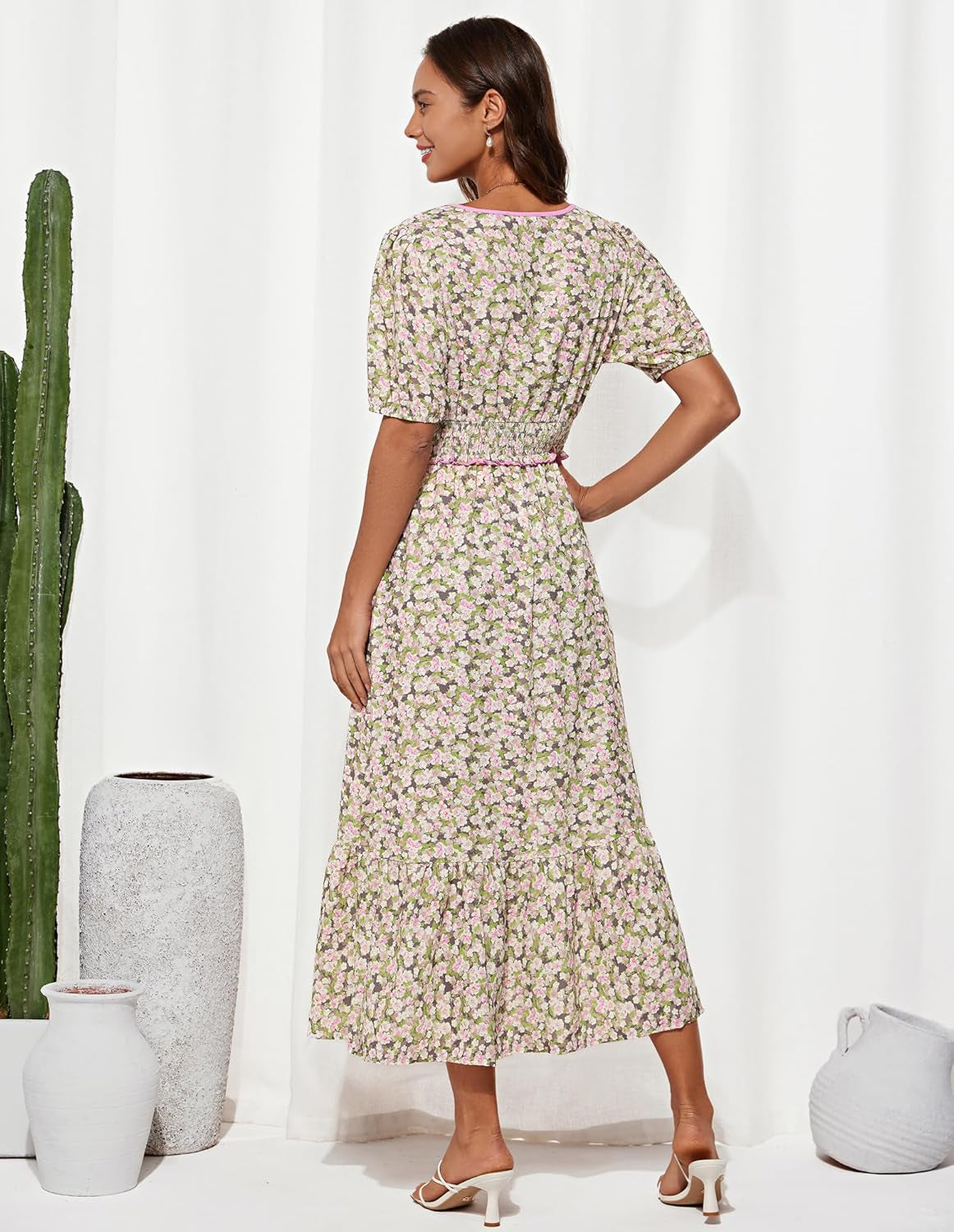 2025 Women'S Summer Floral Flowy a Line Midi Dresses Elegant Short Sleeve Smocked V-Neck Tiered Dresses