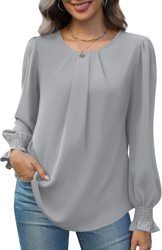 Womens Tops Dressy Casual Smocked Long Sleeve Shirts Pleated Crew Neck Loose Chiffon Blouses Fall 2025