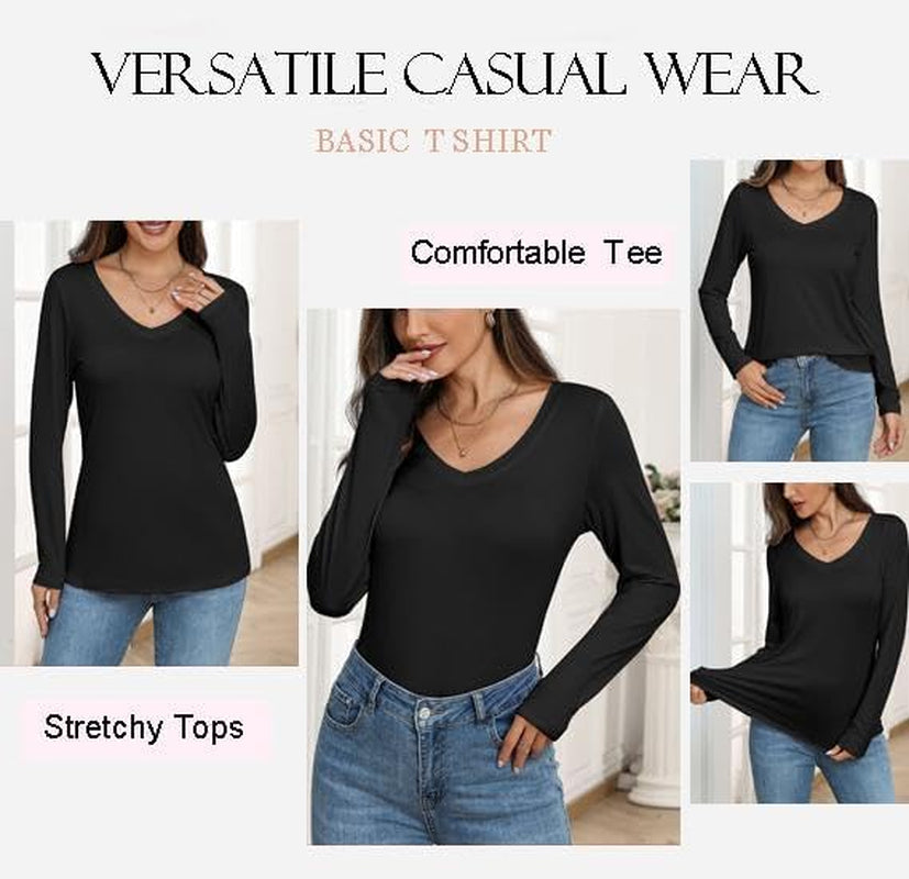 Womens T Shirts Long Sleeve V Neck Basic Tee Casual Loose Fit Soft Fall Tops Outfits 2025 S-XXL