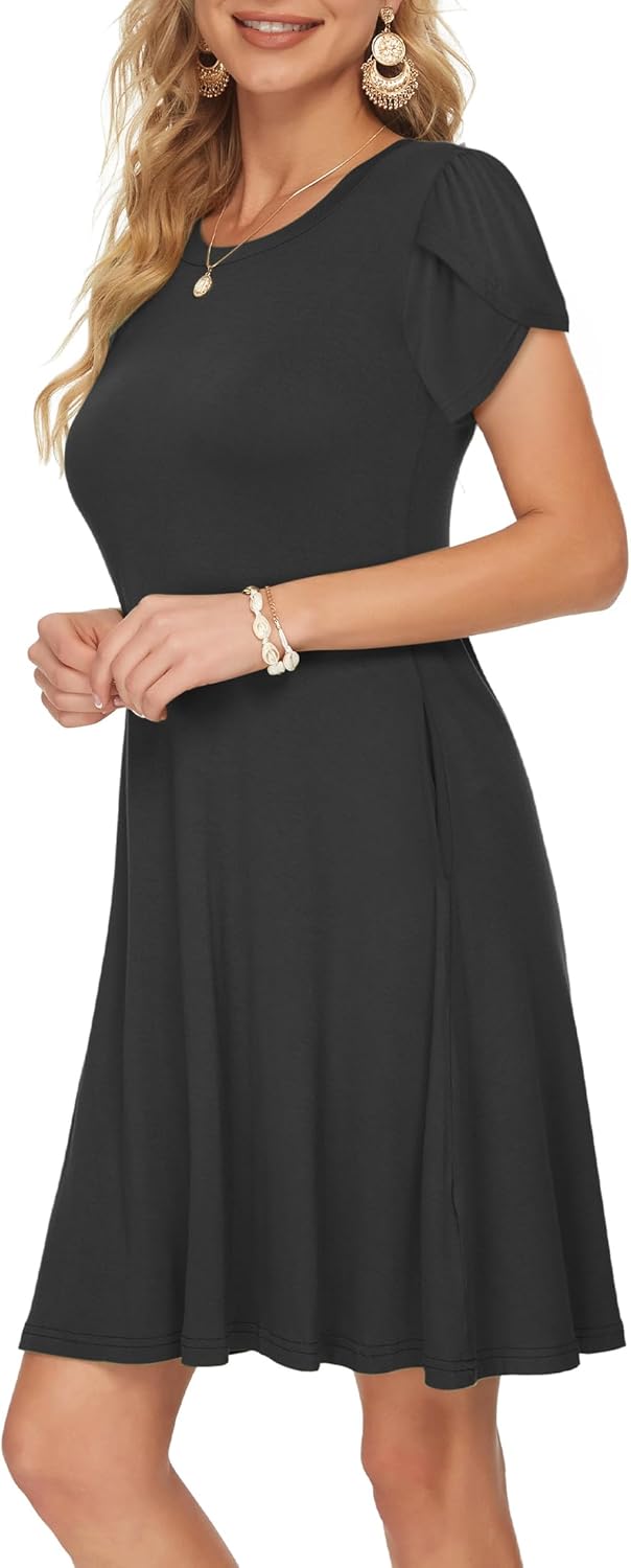 Summer Dresses for Women 2025 Casual T Shirt Crewneck Petal Sleeve Swing Vacation Dress with Pockets