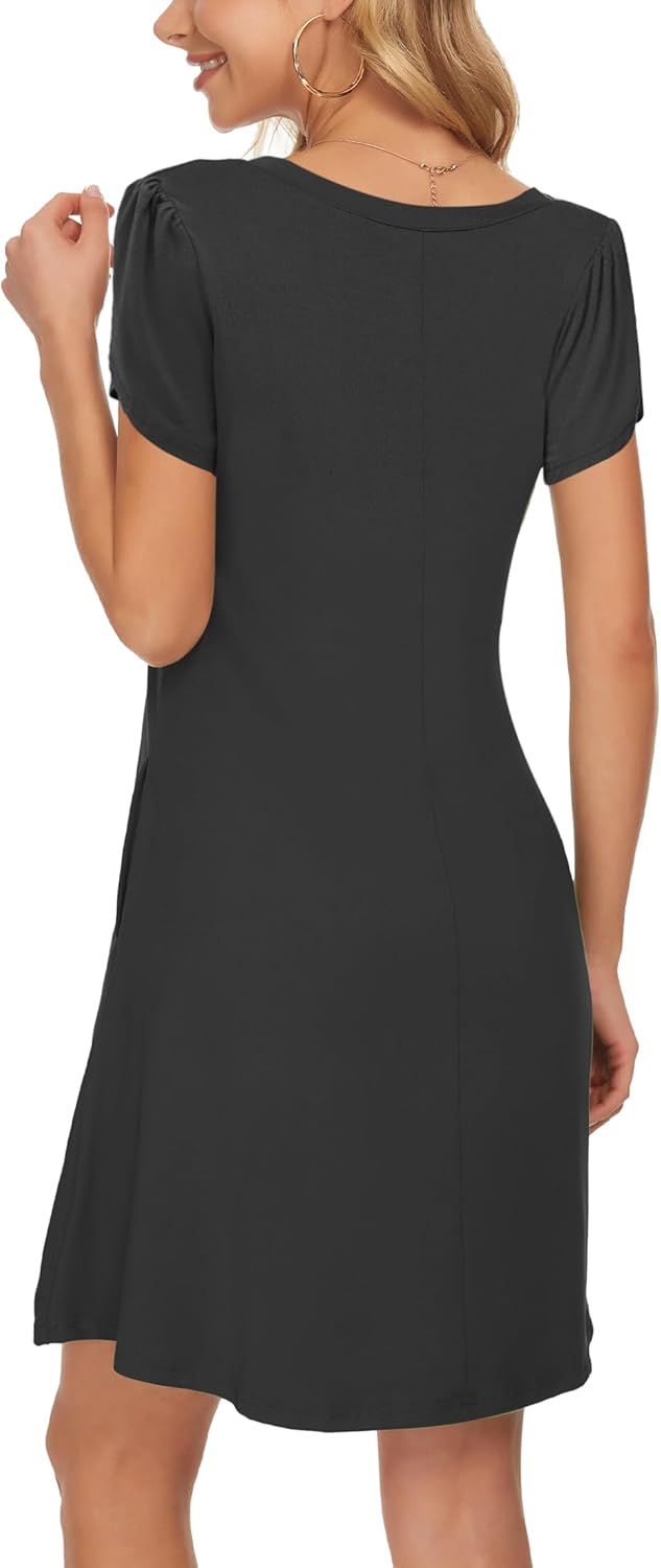 Summer Dresses for Women 2025 Casual T Shirt Crewneck Petal Sleeve Swing Vacation Dress with Pockets