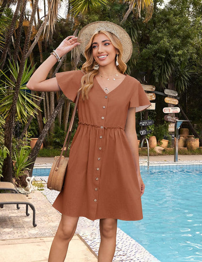 Summer Dress with Flutter Sleeves - Cotton Linen Beach a Line Casual Dress