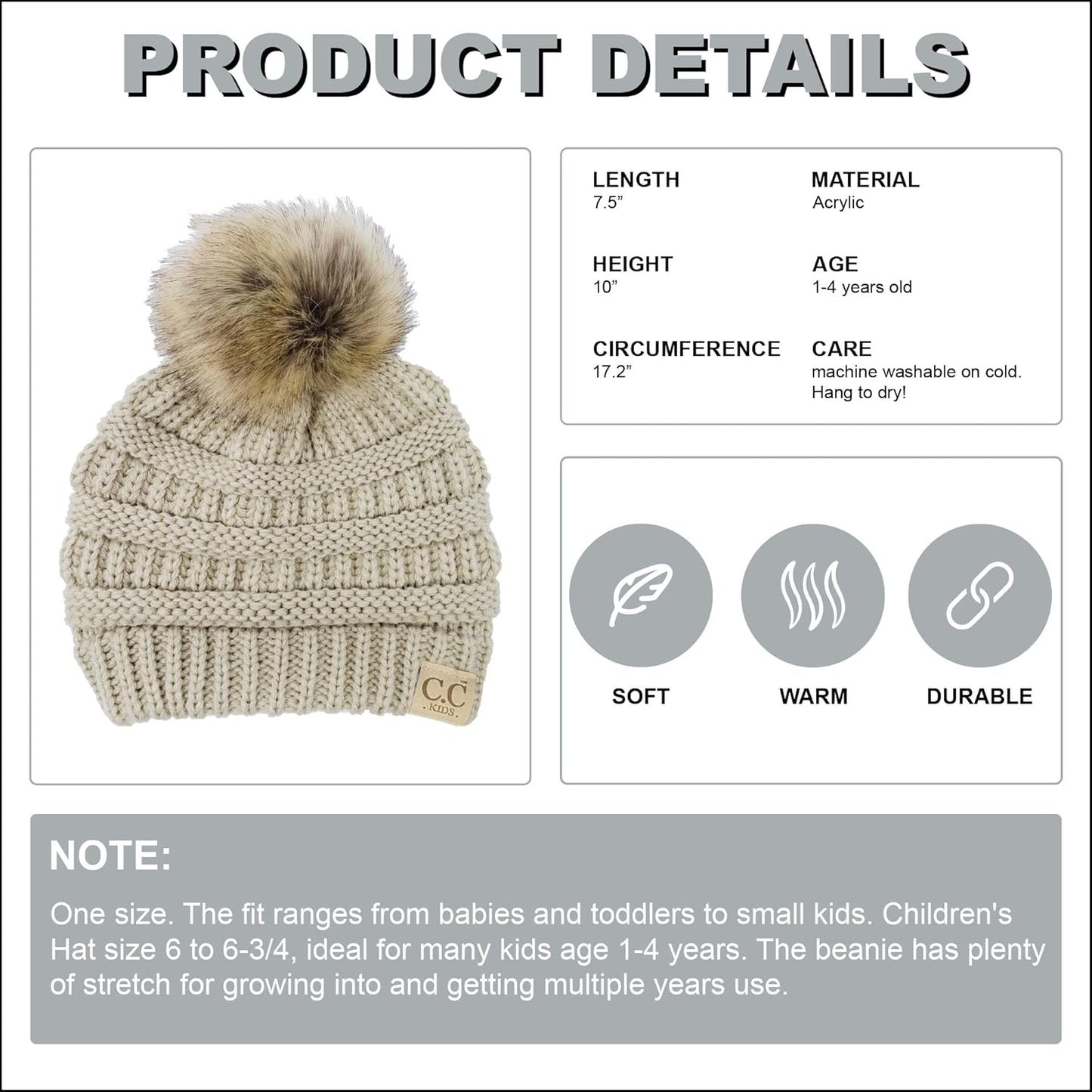 Cozy Toddler Cable Knit Pom Beanie - Warm Winter Hat for Kids