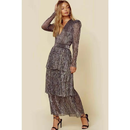 2023 Autumn Winter Dress Women Pleated Stitching High Waist Dress Women Puff Sleeve V-Neck Irregular Evening Party Elegant Dress