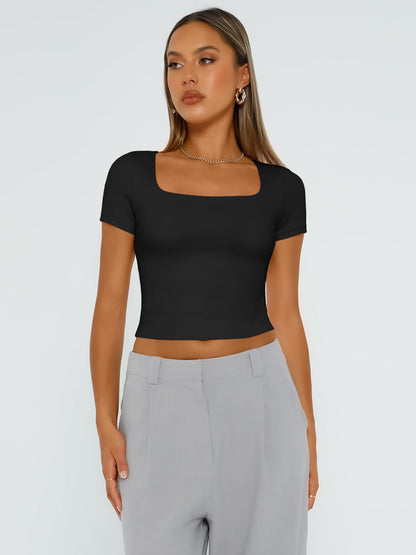 Tshirts Shirts for Women Double Lined Going Out Crop Tops 2025 Spring Summer Workout Y2K Clothes Beach Fashion