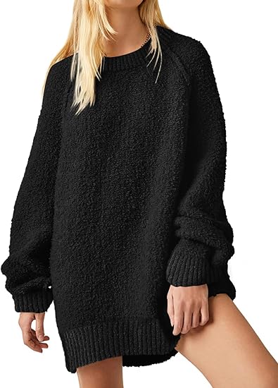 Womens Oversized Sweater 2025 Fall Trendy Fuzzy Crew Neck Long Sleeve Casual Tunic Sweaters