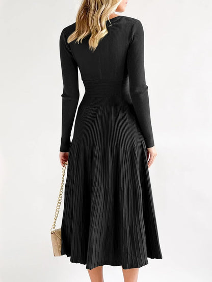 Womens Long Sleeve Midi Sweater Dress Wrap V Neck Pleated a Line Fit Flare Elegant Knit Maxi Dress