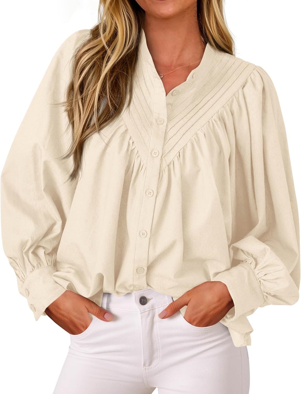 Blouses for Women Dressy Casual Puff Long Sleeve Mock Neck Button down Loose Fit Pleated Shirts Tops Fall Clothes