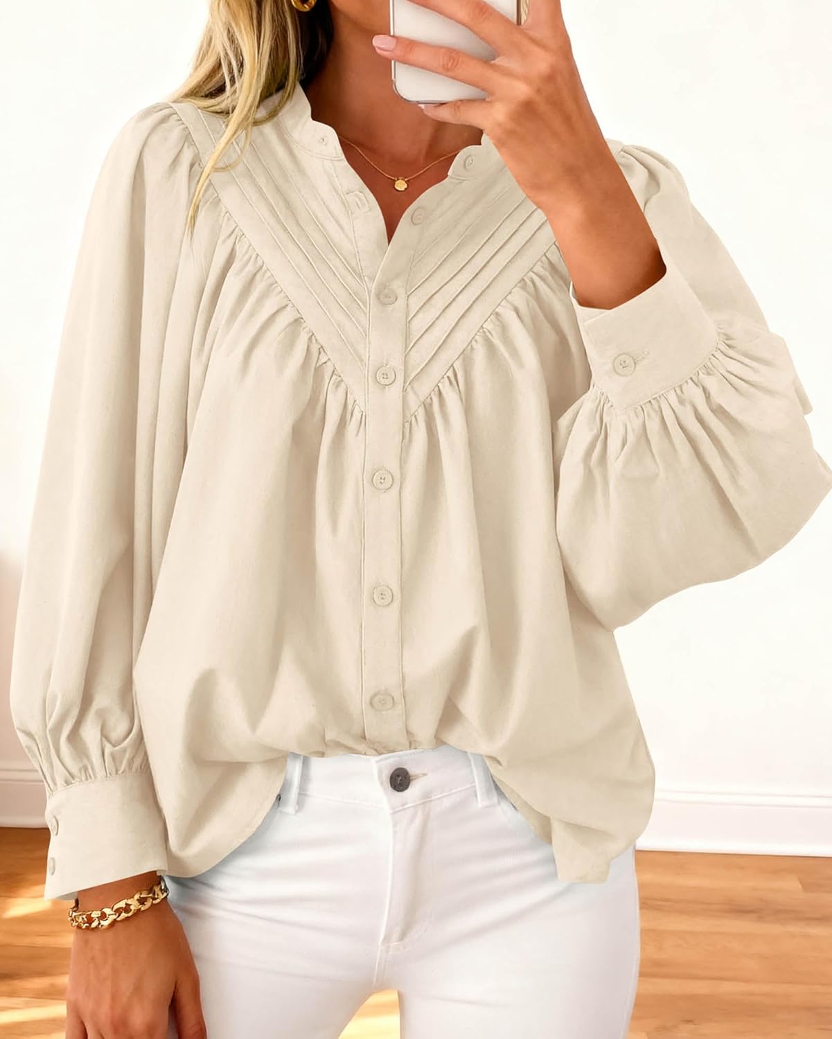 Blouses for Women Dressy Casual Puff Long Sleeve Mock Neck Button down Loose Fit Pleated Shirts Tops Fall Clothes