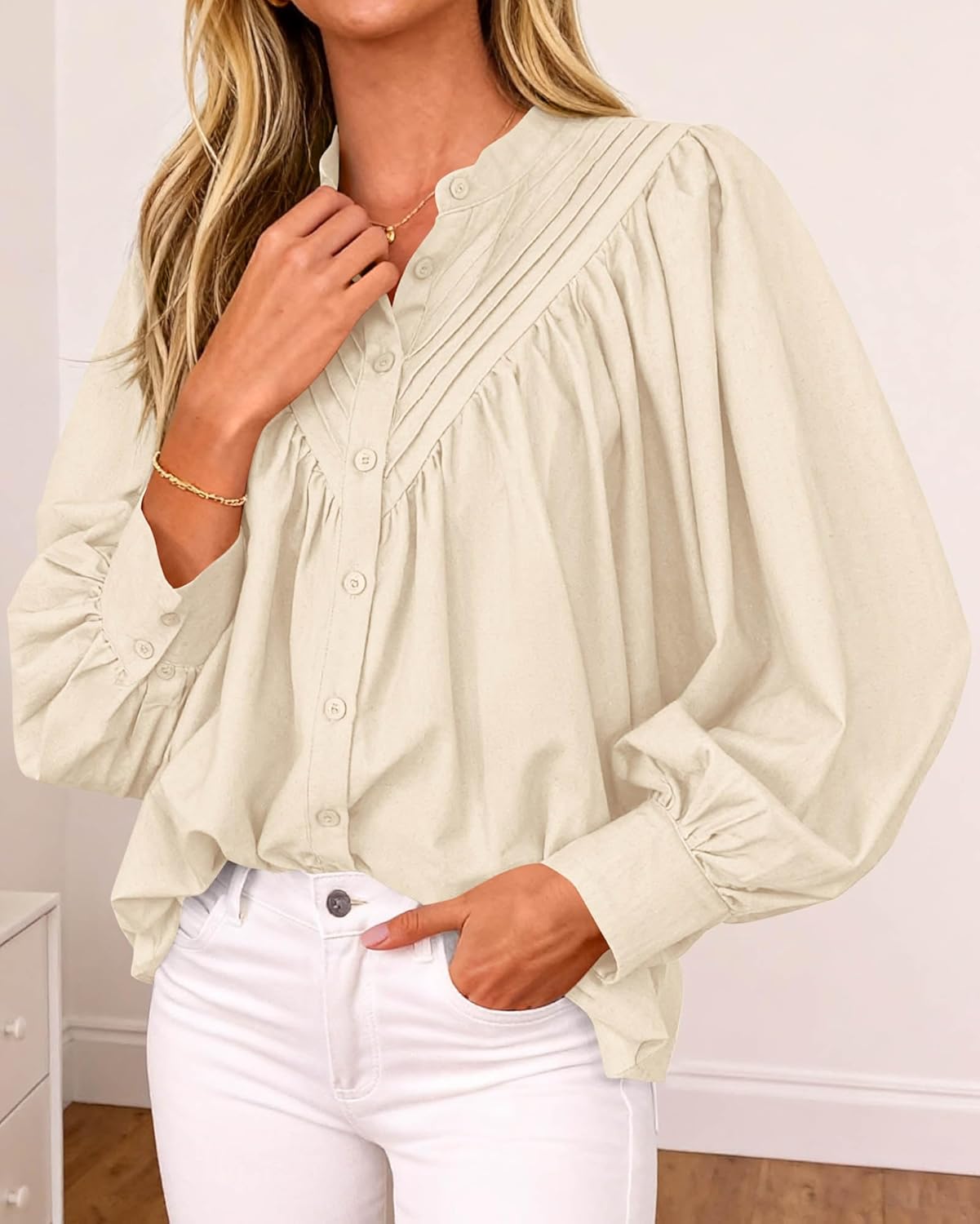 Blouses for Women Dressy Casual Puff Long Sleeve Mock Neck Button down Loose Fit Pleated Shirts Tops Fall Clothes