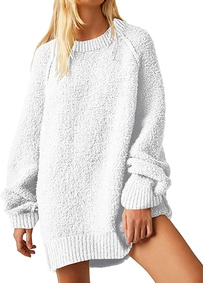 Womens Oversized Sweater 2025 Fall Trendy Fuzzy Crew Neck Long Sleeve Casual Tunic Sweaters
