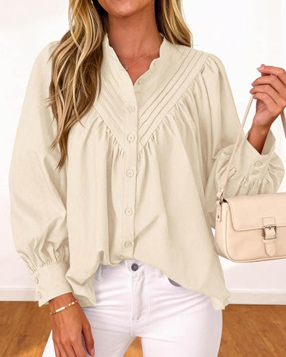 Blouses for Women Dressy Casual Puff Long Sleeve Mock Neck Button down Loose Fit Pleated Shirts Tops Fall Clothes