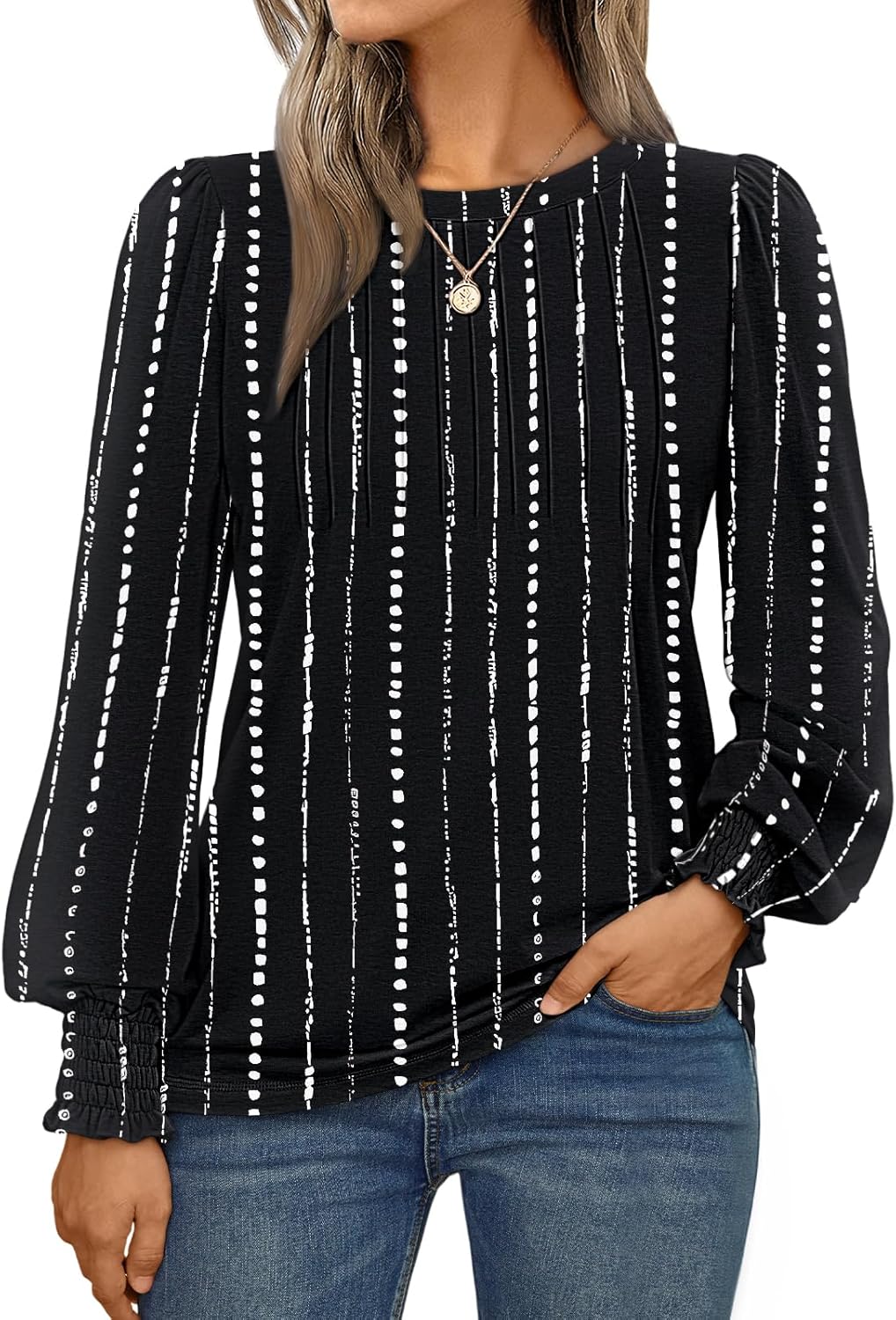 Long Sleeve Shirts Womens Pleated Business Casual Blouses with Smocked Cuffs