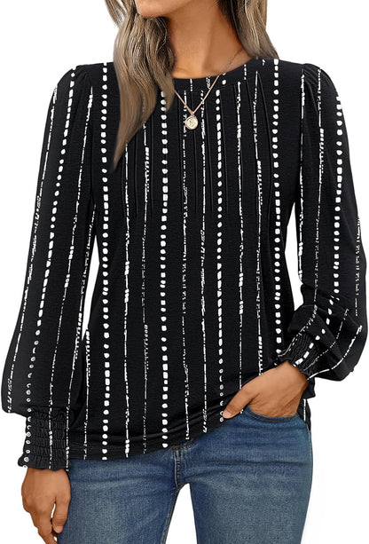 Long Sleeve Shirts Womens Pleated Business Casual Blouses with Smocked Cuffs