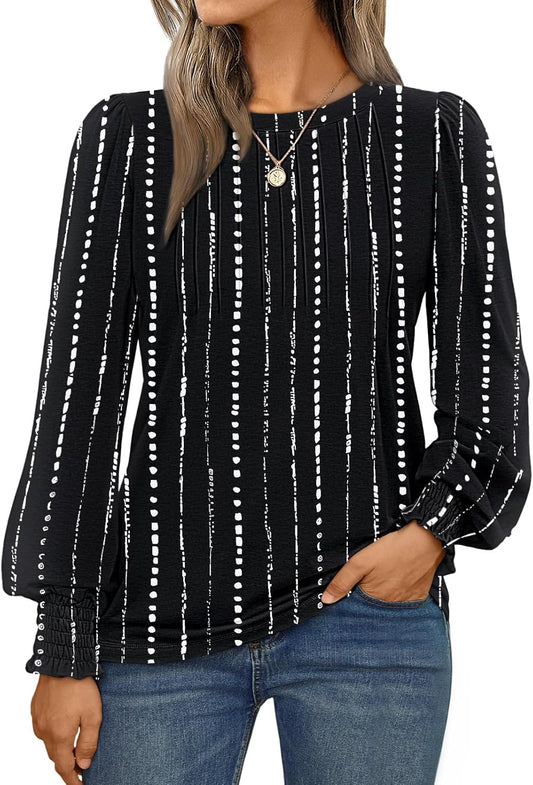 Long Sleeve Shirts Womens Pleated Business Casual Blouses with Smocked Cuffs