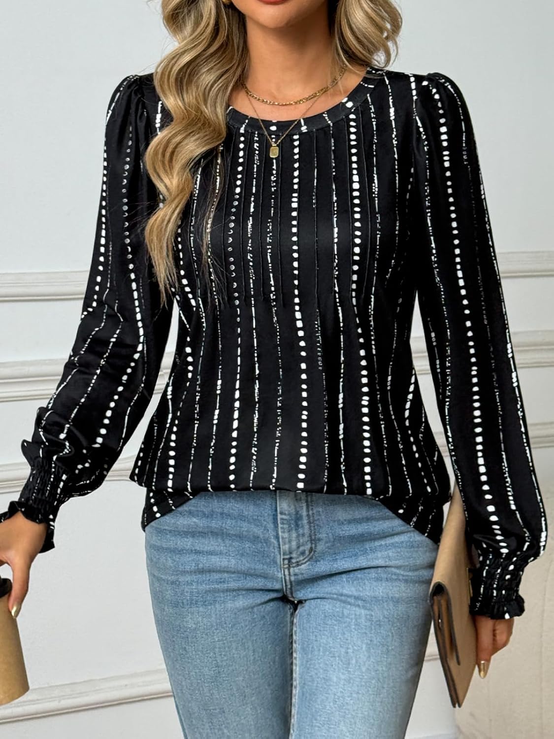 Long Sleeve Shirts Womens Pleated Business Casual Blouses with Smocked Cuffs