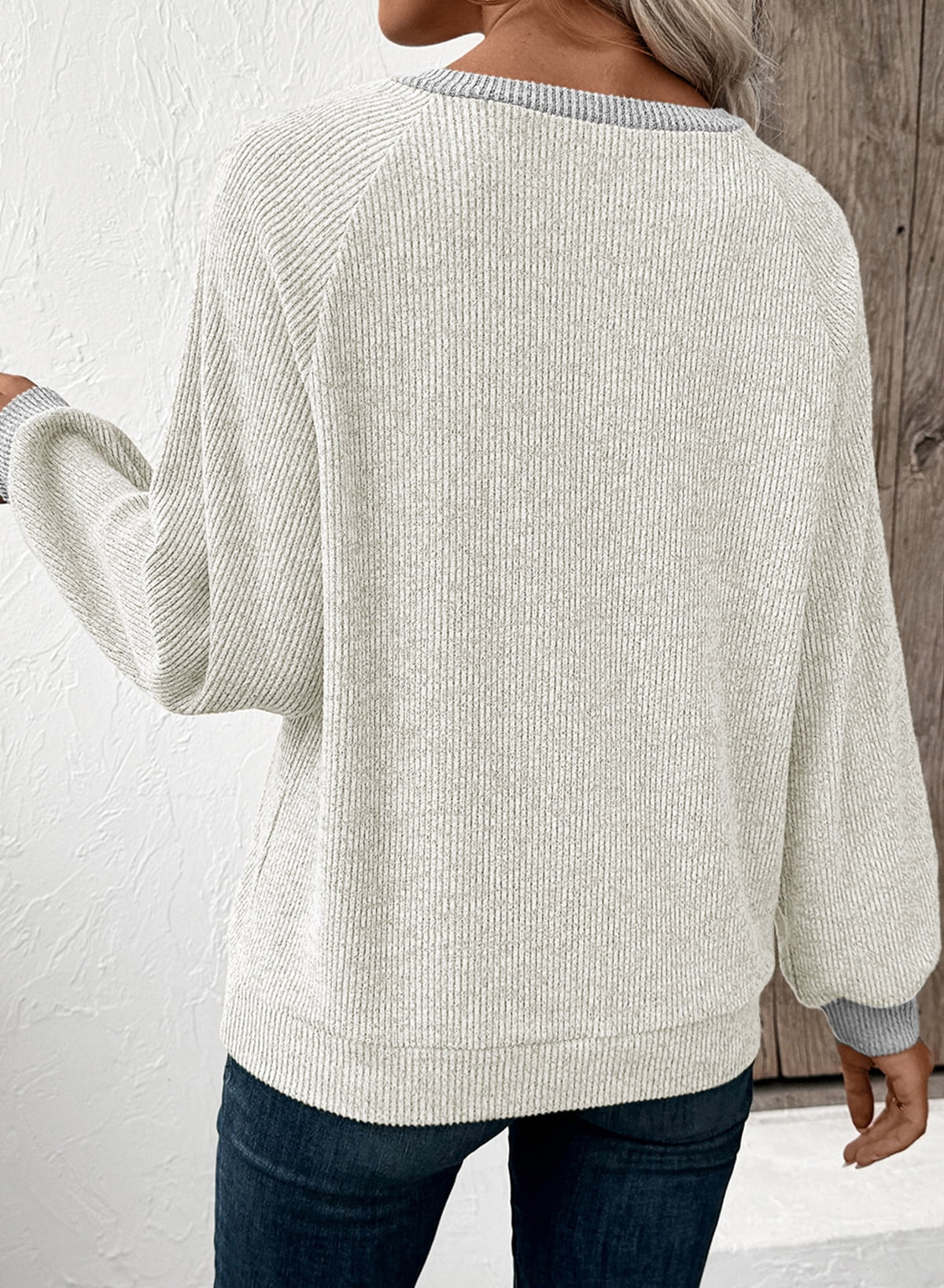 Womens Sweatshirt Ribbed Texture Button up V Neck Sweatshirts Long Sleeve Patchwork Shirts Casual Fall Pullover Tops