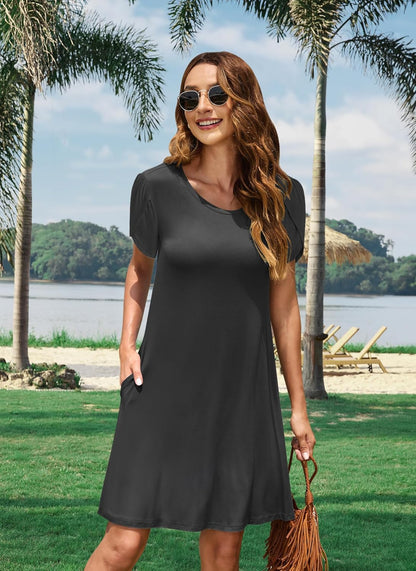 Summer Dresses for Women 2025 Casual T Shirt Crewneck Petal Sleeve Swing Vacation Dress with Pockets