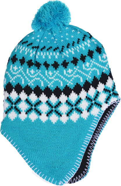Girl'S Micro-Fleece Lined Knit Hat with Ear Flaps and Pom Top in 3 Colors