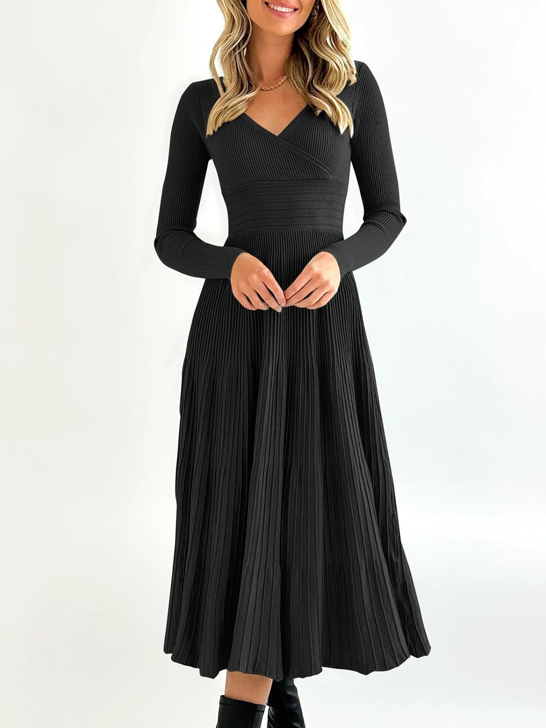 Womens Long Sleeve Midi Sweater Dress Wrap V Neck Pleated a Line Fit Flare Elegant Knit Maxi Dress