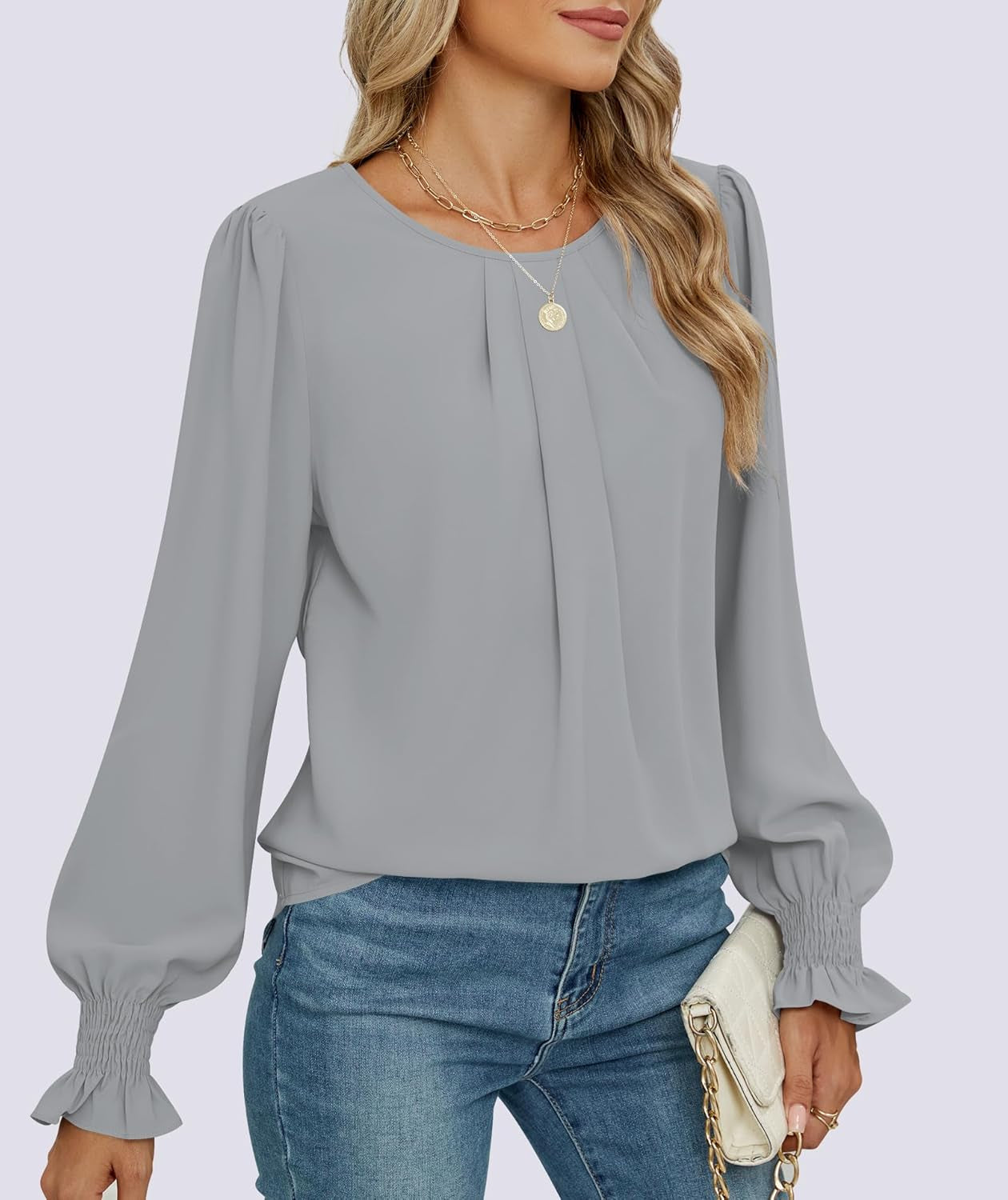 Womens Tops Dressy Casual Smocked Long Sleeve Shirts Pleated Crew Neck Loose Chiffon Blouses Fall 2025