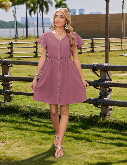 Summer Dress with Flutter Sleeves - Cotton Linen Beach a Line Casual Dress