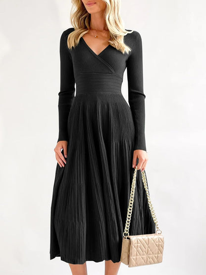 Womens Long Sleeve Midi Sweater Dress Wrap V Neck Pleated a Line Fit Flare Elegant Knit Maxi Dress