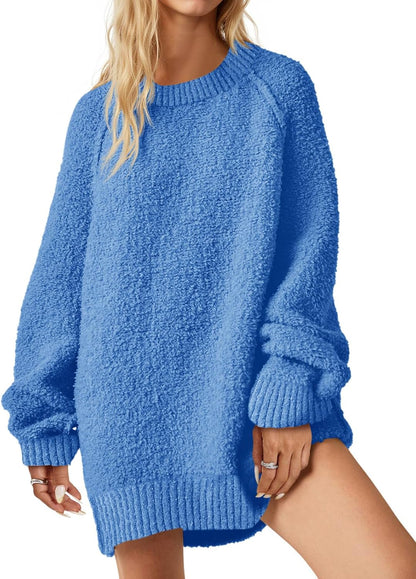 Womens Oversized Sweater 2025 Fall Trendy Fuzzy Crew Neck Long Sleeve Casual Tunic Sweaters