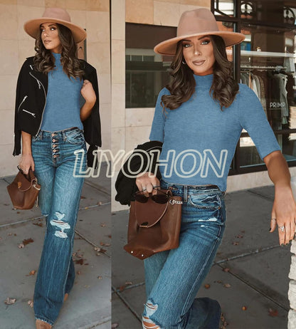 Womens Tops Dressy Casual Mock Turtleneck Business Short Sleeve T Shirts Going Out Tops 2025