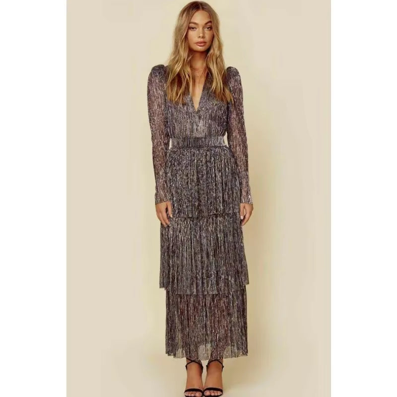 2023 Autumn Winter Dress Women Pleated Stitching High Waist Dress Women Puff Sleeve V-Neck Irregular Evening Party Elegant Dress