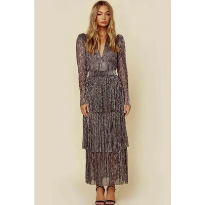 2023 Autumn Winter Dress Women Pleated Stitching High Waist Dress Women Puff Sleeve V-Neck Irregular Evening Party Elegant Dress