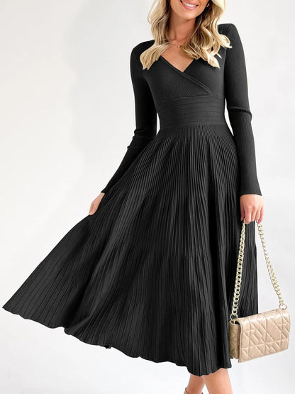 Womens Long Sleeve Midi Sweater Dress Wrap V Neck Pleated a Line Fit Flare Elegant Knit Maxi Dress