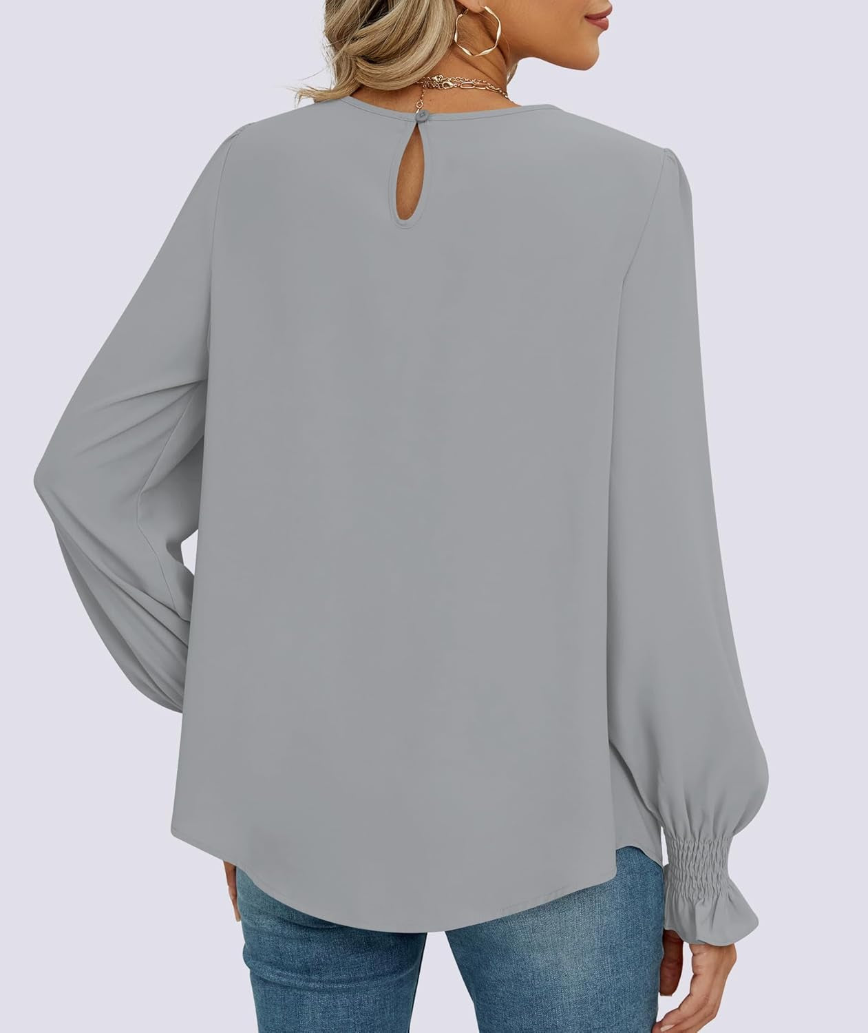 Womens Tops Dressy Casual Smocked Long Sleeve Shirts Pleated Crew Neck Loose Chiffon Blouses Fall 2025