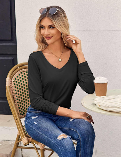 Womens T Shirts Long Sleeve V Neck Basic Tee Casual Loose Fit Soft Fall Tops Outfits 2025 S-XXL