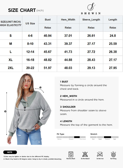 Womens Sweatshirt Ribbed Texture Button up V Neck Sweatshirts Long Sleeve Patchwork Shirts Casual Fall Pullover Tops